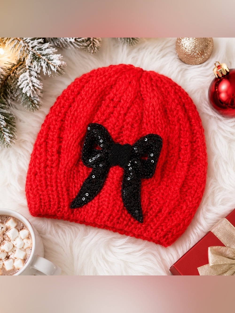 Red Knit Beanie with Black Sequin Bow Holiday Hat
